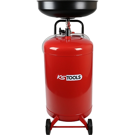 Rote Altölauffangvorrichtung mit schwarzem Auffangtrichter, KS TOOLS Logo, auf Rädern.